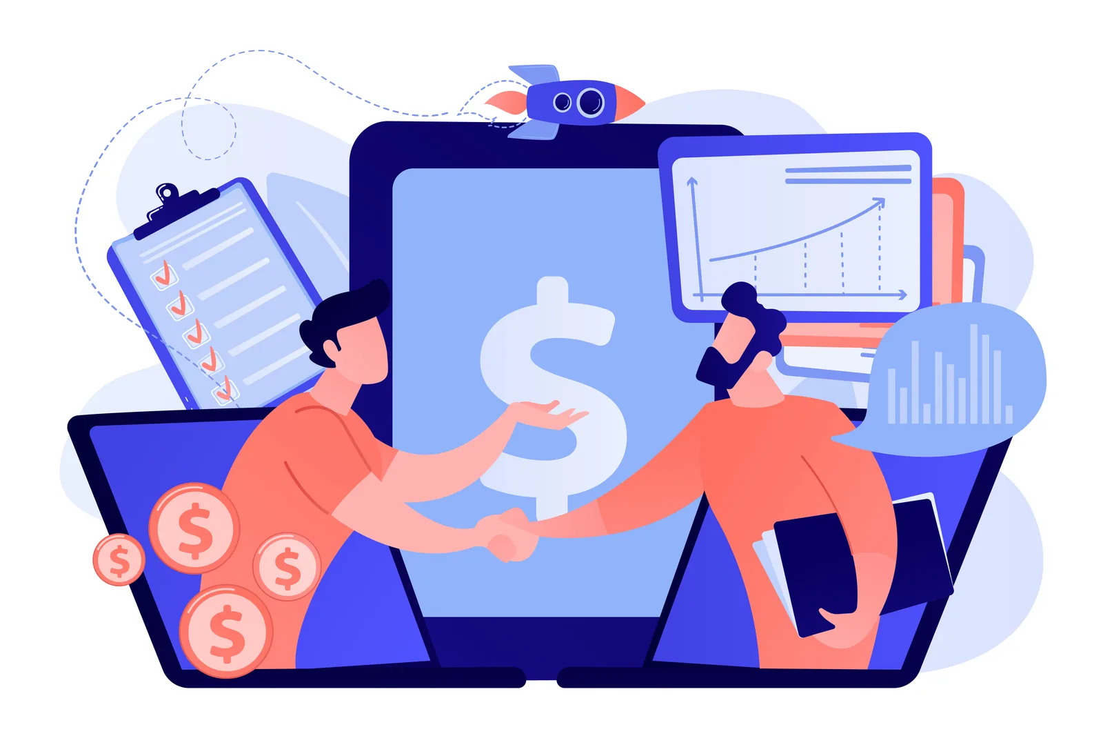 Ilustração de reunião com dados de campanhas, calendário e investimento.