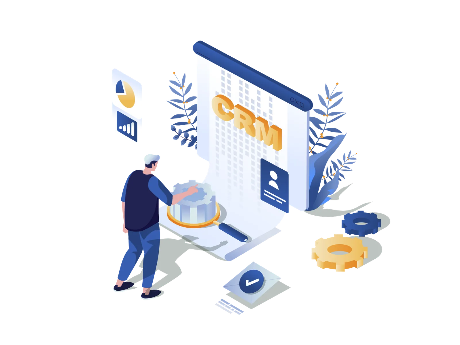 Ilustração de painel de relacionamento com clientes e indicadores comerciais.