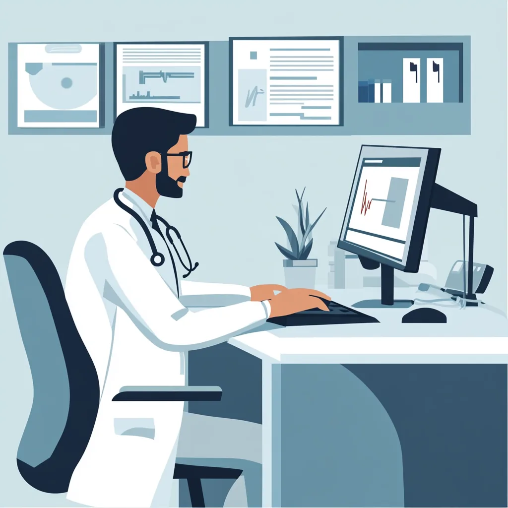 Ilustração de médico trabalhando no computador.
