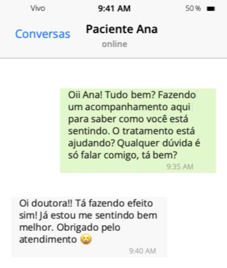 Exemplo de conversa no WhatsApp para acompanhar um paciente após o tratamento.