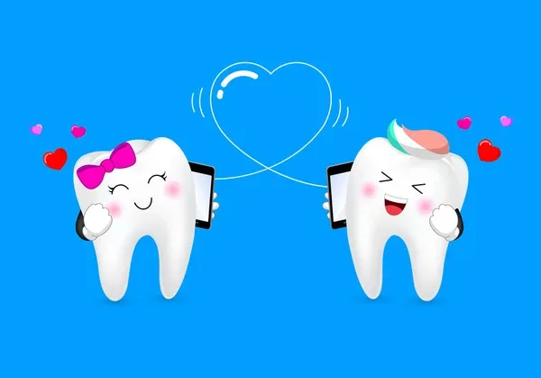 Ilustração de dois dentes trocando mensagens com corações.