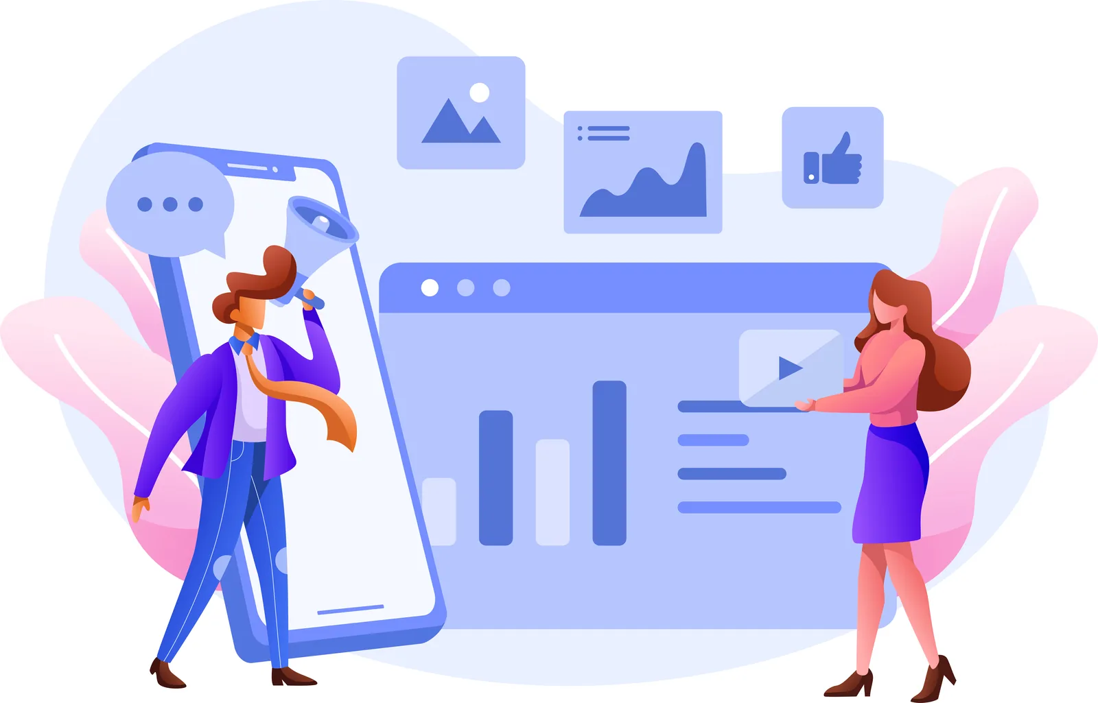 Ilustração de planejamento de conteúdo e análise de indicadores digitais.