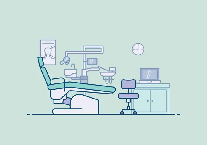 Ilustração de um consultório com cadeira odontológica e computador.