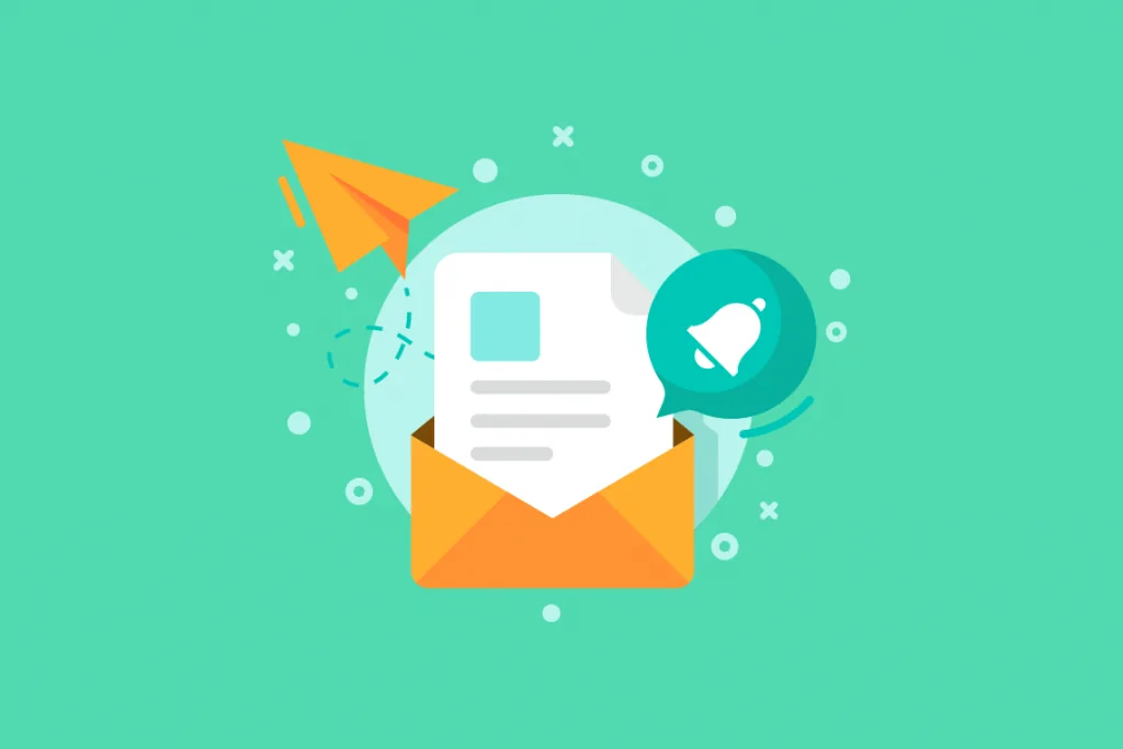 Ilustração de campanha por e-mail com mensagem, envelope e globo.