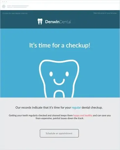 Exemplo de e-mail odontológico lembrando o paciente de marcar uma consulta.