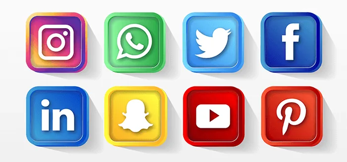 Ícones de Instagram, WhatsApp, Twitter, Facebook, LinkedIn, Snapchat, YouTube e Pinterest.
