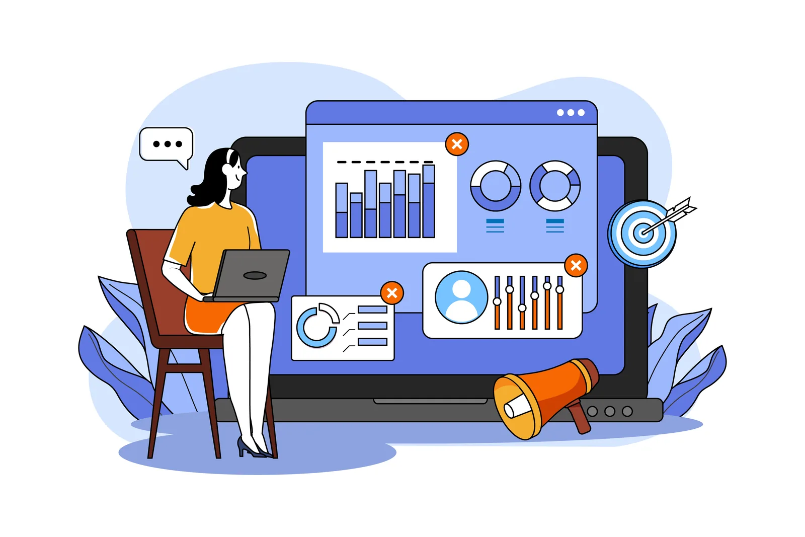 Ilustração de profissional analisando indicadores de uma campanha digital.