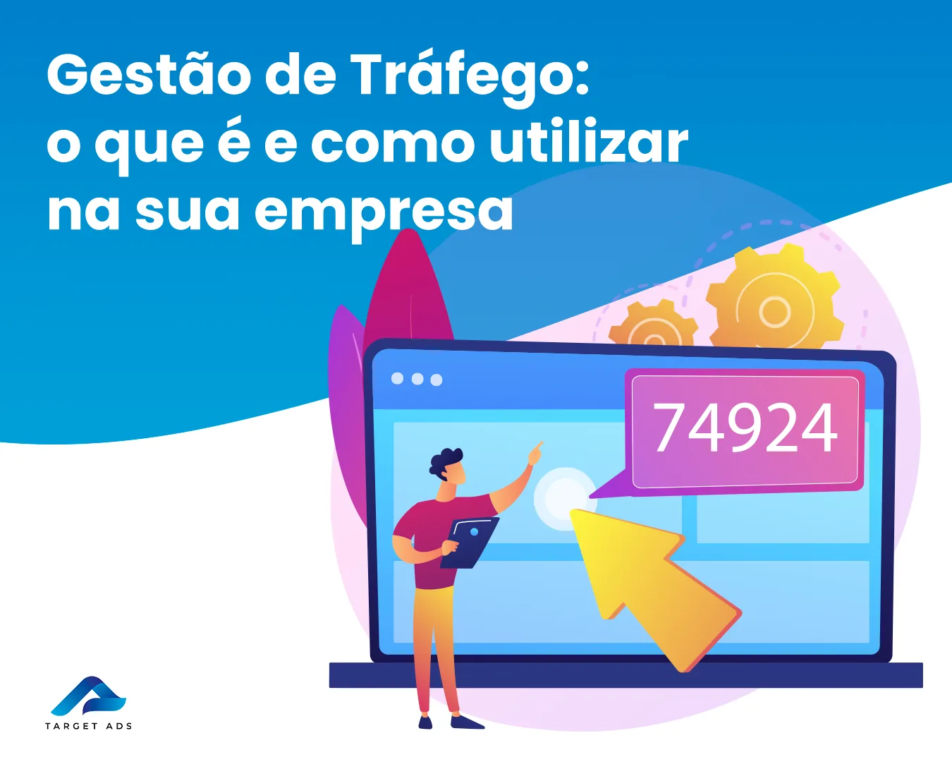 Banner sobre gestão de tráfego com ilustração de campanha na internet.