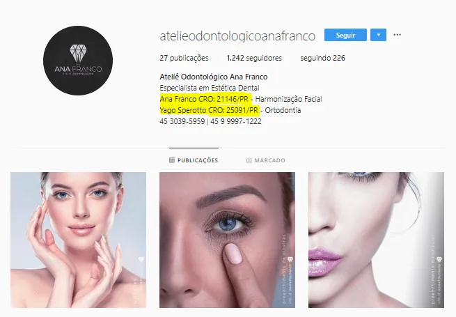 Perfil do Ateliê Odontológico Ana Franco no Instagram.