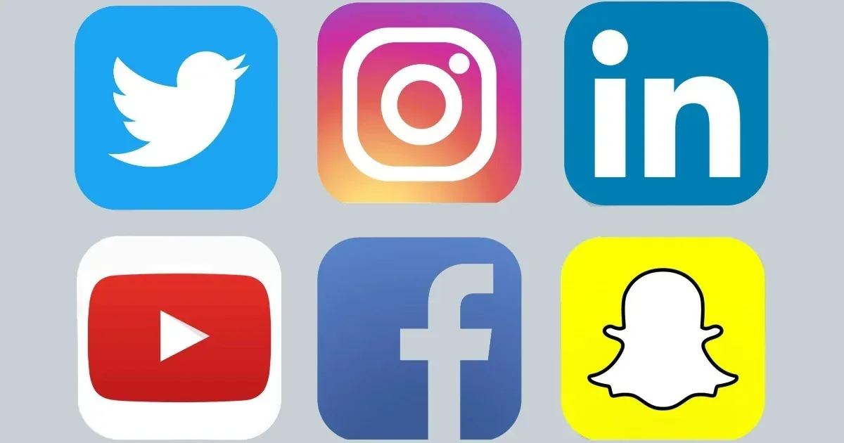 Ícones de Twitter, Instagram, LinkedIn, YouTube, Facebook e Snapchat.
