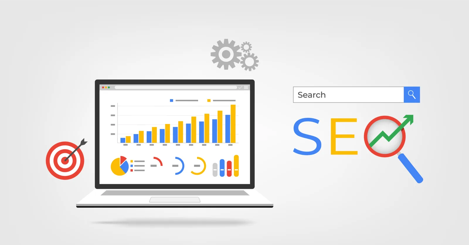 Ilustração de otimização para buscas com a sigla SEO e gráficos.