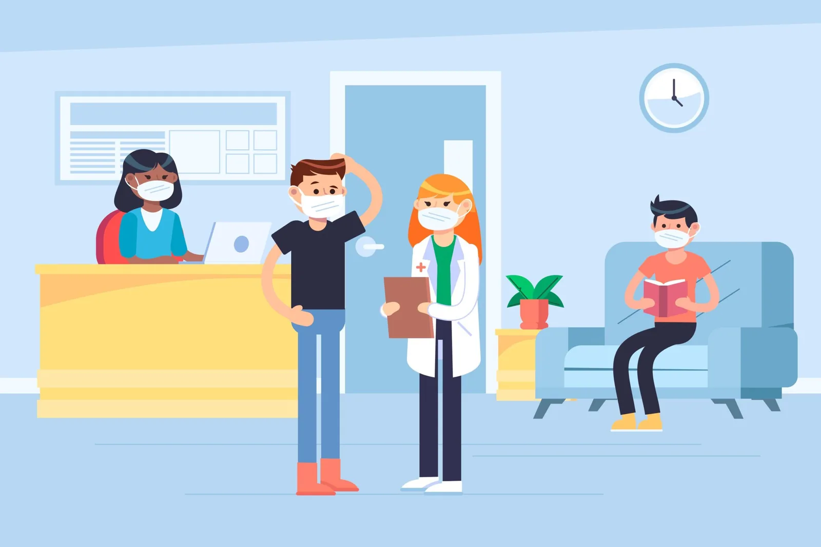 Ilustração de recepção hospitalar com pacientes e profissionais de saúde.