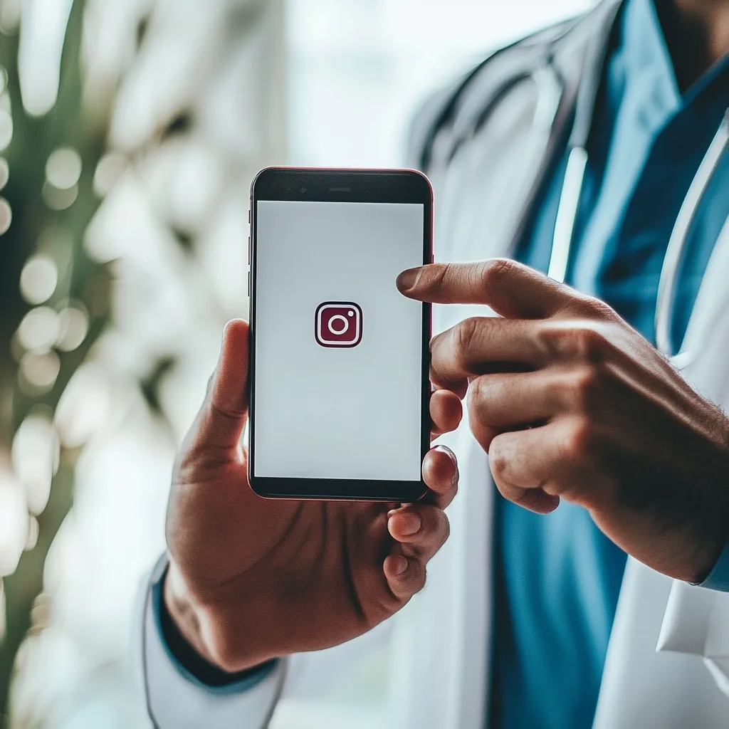 Profissional de saúde usando um celular com a tela do Instagram.