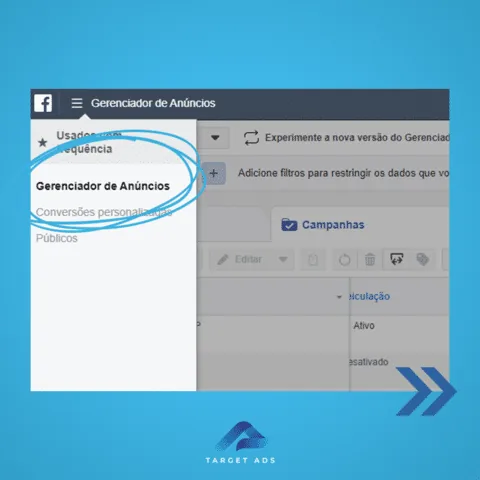 Menu do Gerenciador de Anúncios com a opção Gerenciador de Anúncios destacada.
