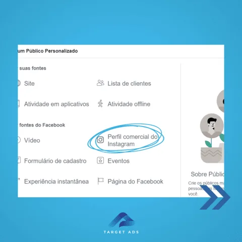 Opção Perfil comercial do Instagram na criação de público personalizado.