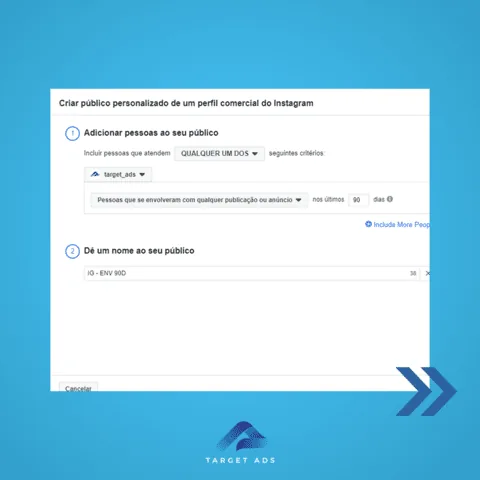 Tela para definir critérios de público e período de interação no Instagram.