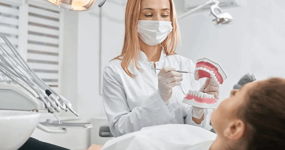 Dentista explicando a escovação com um modelo de arcada dentária.