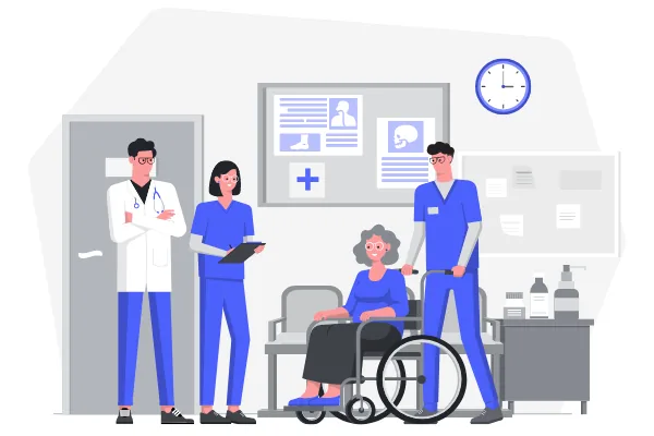 Ilustração de equipe de saúde atendendo um paciente no hospital.